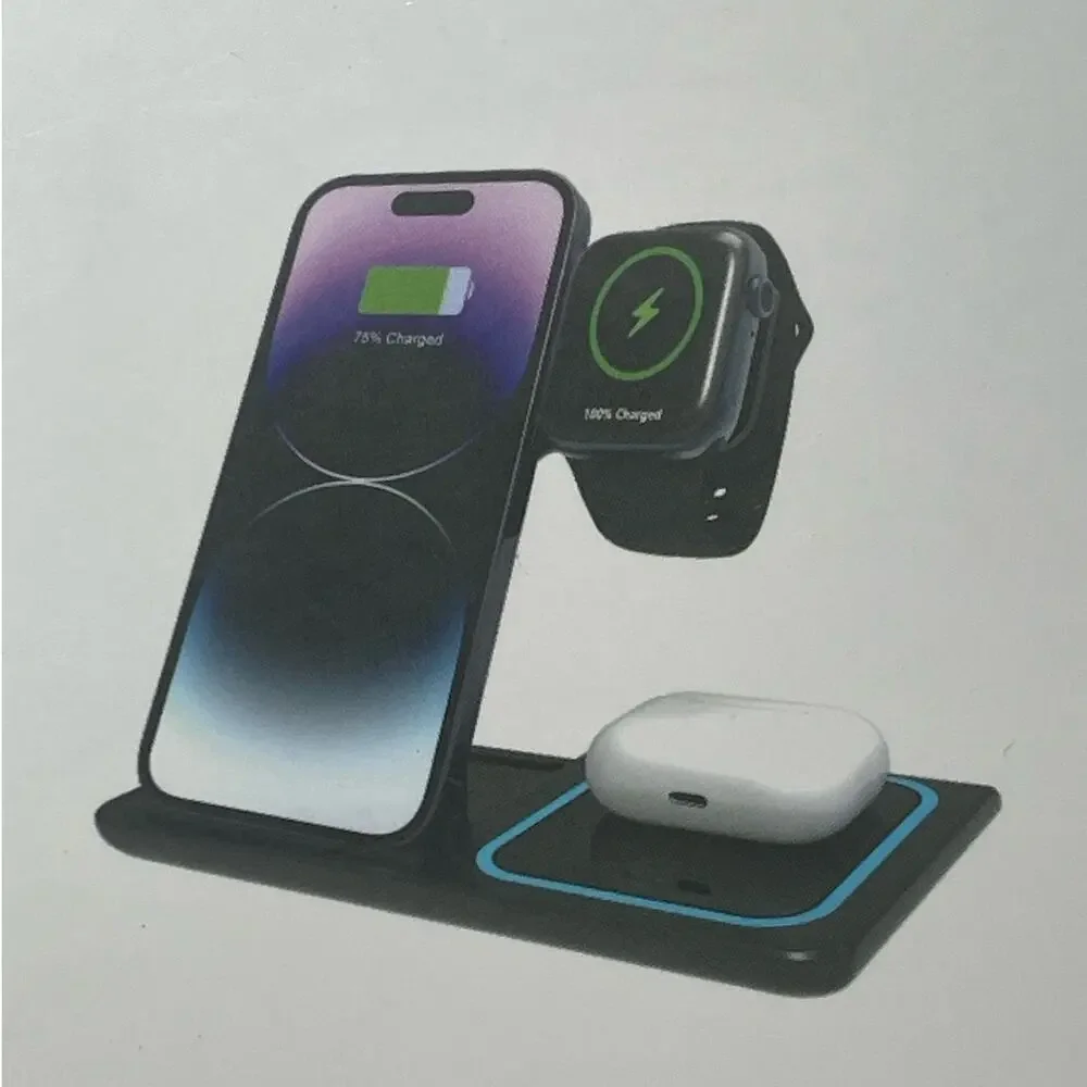 Timess 3-in-1 Wireless Charger Foldable Fast Charging Stand Phone Watch NWT